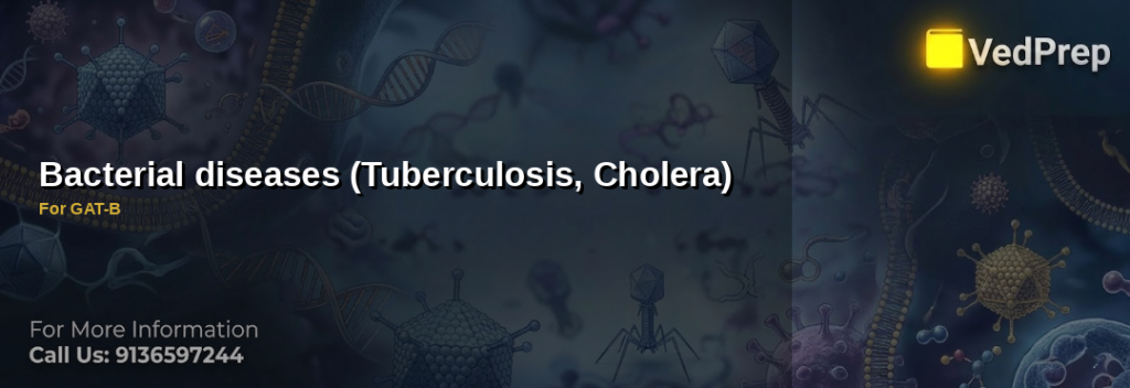 A microscopic view of Mycobacterium tuberculosis and Vibrio cholerae bacteria under high magnification, illustrating tuberculosis and cholera pathogens for GAT-B exam preparation
