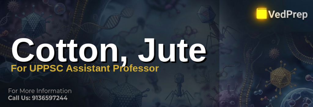A detailed infographic showing cotton jute fibers, their properties, and industrial applications for UPPSC Assistant Professor preparation