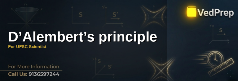A detailed diagram illustrating D’Alembert’s principle in action, showing virtual work and forces on a mechanical system for UPSC Scientist preparation