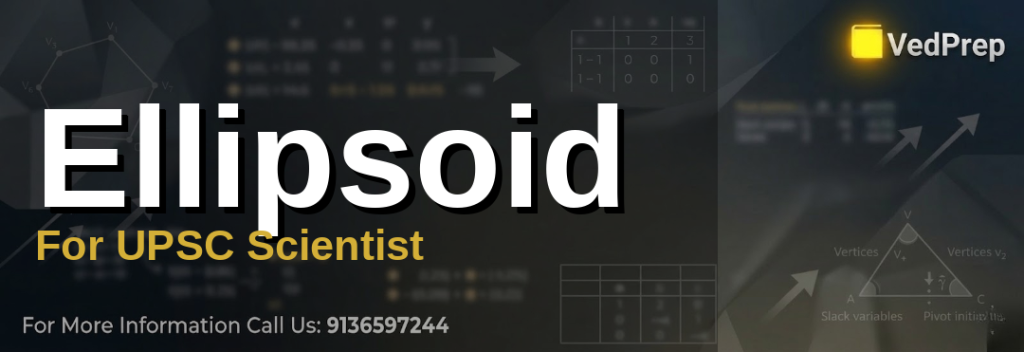 A detailed 3D visualization of an ellipsoid with labeled axes for ellipsoid for UPSC Scientist preparation