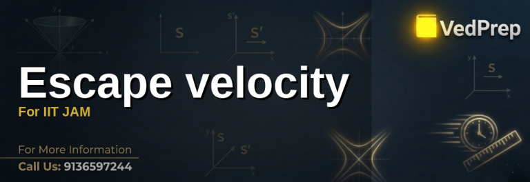A detailed infographic explaining the escape velocity formula for IIT JAM Mechanics preparation