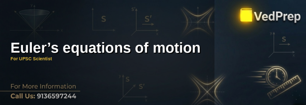 Euler’s equations of motion diagram showing rigid body rotation and torque vectors for UPSC Scientist exam preparation