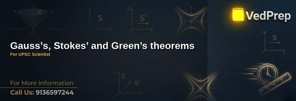 A detailed visual representation of Gauss’s, Stokes’ and Green’s theorems with vector fields and mathematical notations