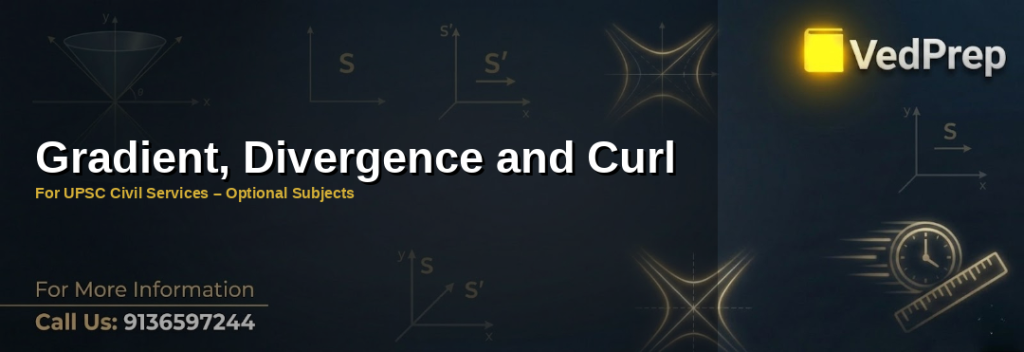 Understanding gradient divergence and curl for UPSC optional subjects with mathematical formulas and visualizations