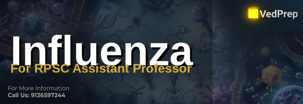 Influenza study guide for RPSC Assistant Professor exams featuring viral structure and transmission pathways