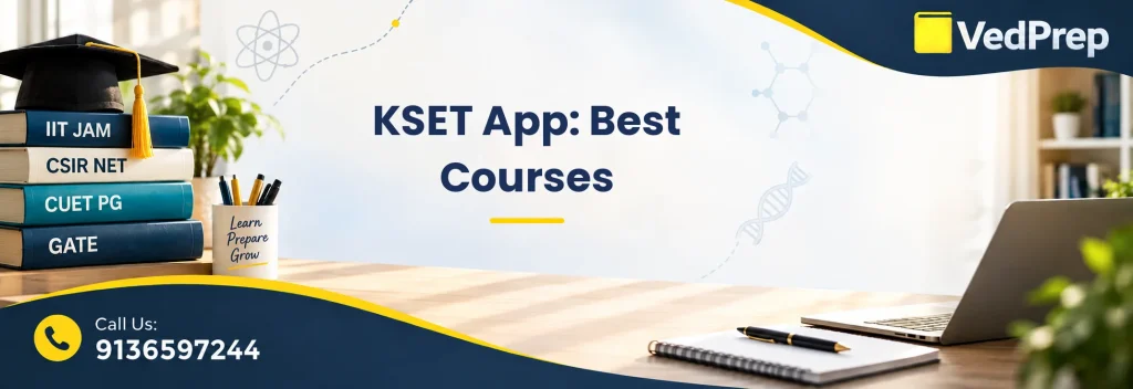 KSET app interface showing UGC NET preparation tools, mock tests, and live coaching features