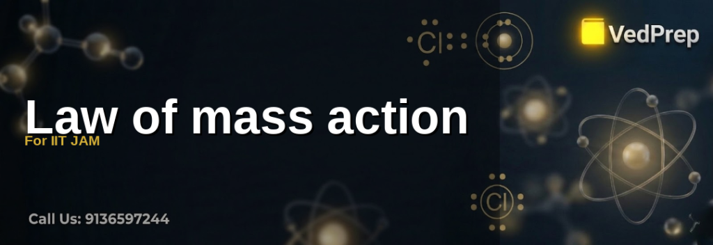 A detailed diagram illustrating the law of mass action with chemical equilibrium reactions and concentration ratios for IIT JAM preparation