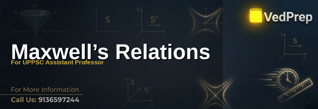 A detailed diagram illustrating Maxwell’s Relations connecting thermodynamic potentials like internal energy, enthalpy, Helmholtz free energy, and Gibbs free energy for UPPSC Assistant Professor preparation
