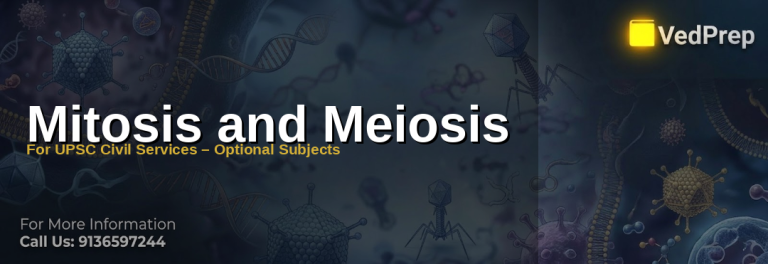 A detailed diagram illustrating the stages of mitosis and meiosis side-by-side for UPSC Civil Services preparation