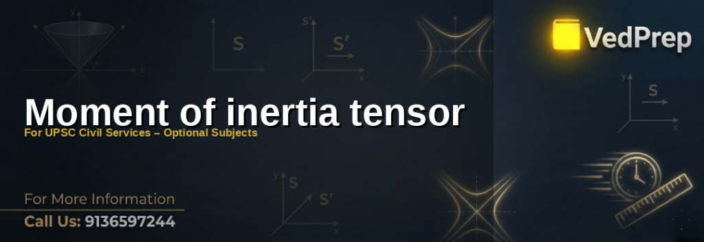 A detailed 3D visualization of the moment of inertia tensor matrix with labeled axes and components, essential for understanding rotational dynamics in UPSC Civil Services exams