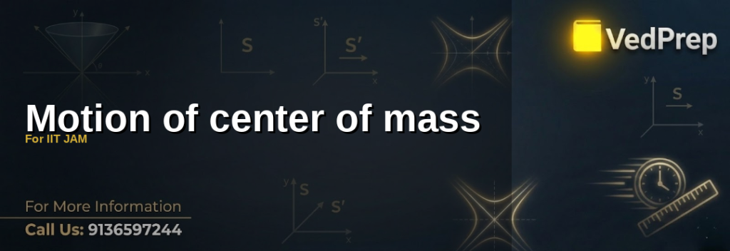 A detailed diagram illustrating the motion of center of mass for IIT JAM preparation, showing forces, particles, and weighted average calculations