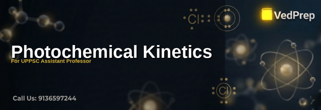 A detailed diagram illustrating photochemical kinetics with light absorption, reaction pathways, and quantum yield concepts for UPPSC Assistant Professor preparation