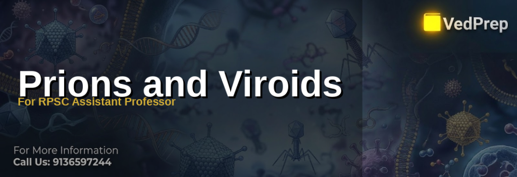 A detailed microscopic illustration showing the structural differences between prions (protein aggregates) and viroids (circular RNA molecules) for understanding prions and viroids