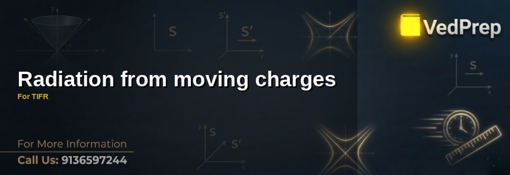 A charged particle accelerating emits radiation waves, illustrating the concept of radiation from moving charges essential for TIFR exams