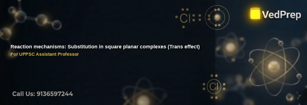A detailed diagram illustrating the trans effect in square planar complexes with labeled ligands and substitution pathways