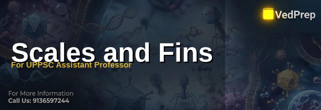 Detailed illustration of fish scales and fins anatomy for UPPSC Assistant Professor exam preparation