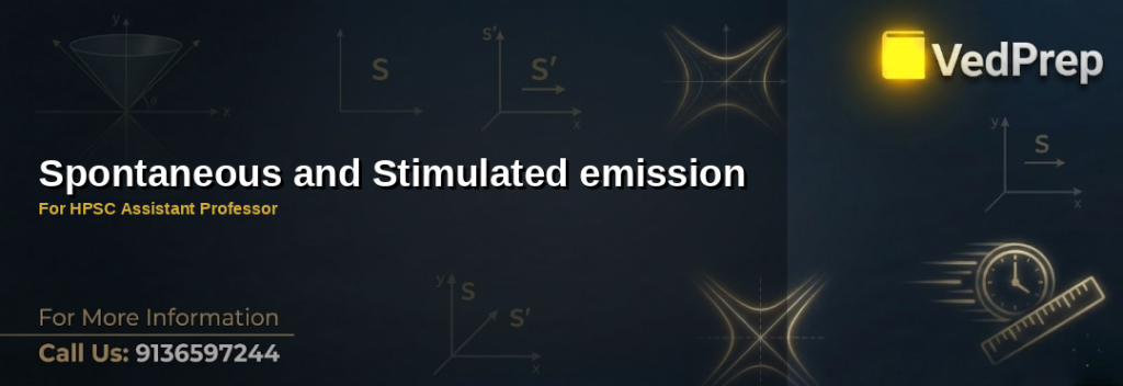 Illustration showing spontaneous and stimulated emission processes in atomic physics with energy level diagrams