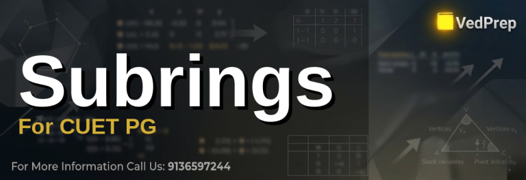A detailed diagram illustrating the concept of subrings for CUET PG preparation, showing subsets of rings with labeled properties like closure under addition and multiplicative identity.