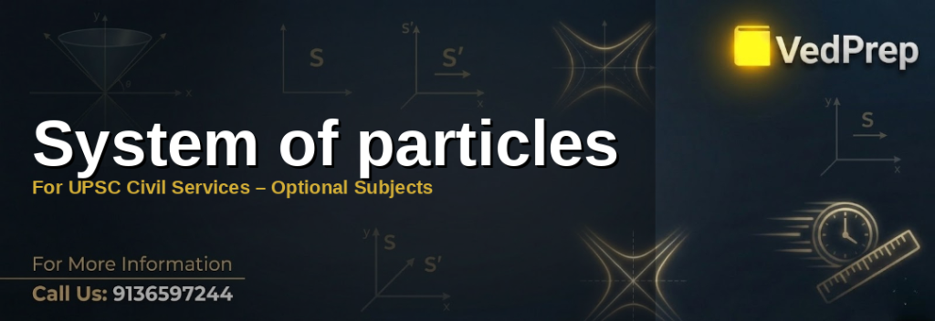 A detailed diagram illustrating the center of mass and momentum in a system of particles for UPSC Civil Services preparation