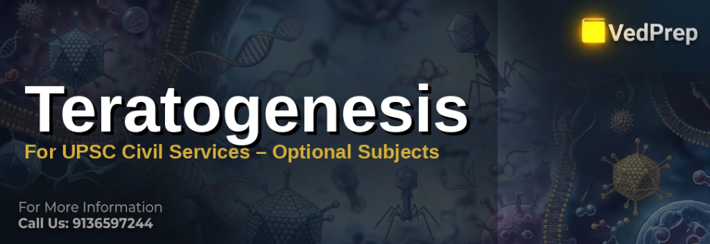Scientist studying teratogenesis causes with microscope and fetal development models