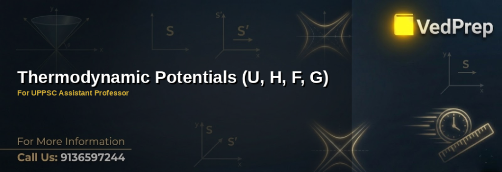 A detailed infographic explaining thermodynamic potentials (U, H, F, G) for UPPSC Assistant Professor exam preparation