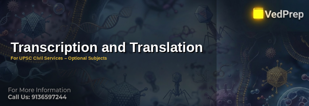 A detailed molecular biology diagram illustrating transcription and translation processes for UPSC Civil Services preparation