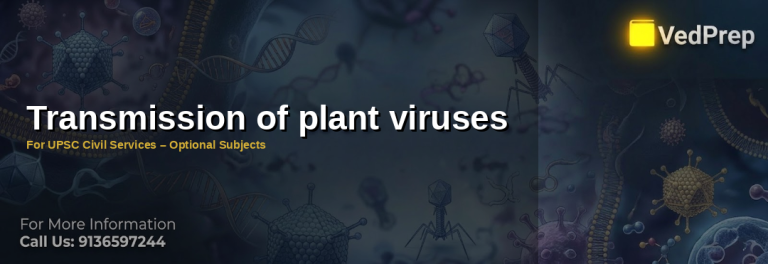 Scientist studying plant virus transmission under microscope with detailed viral structure diagram