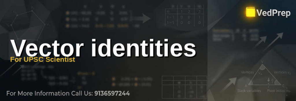 A detailed diagram illustrating key vector identities for UPSC Scientist preparation with gradient, divergence, and curl operations